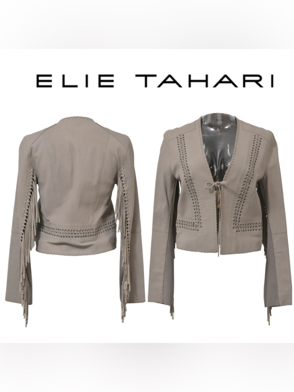 Elie Tahari ✨ XS • Lambskin Braided Grommet Fringe Leather Jacket Taupe